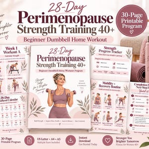 Puede incluir: Un programa de entrenamiento de fuerza de 30 páginas para 28 días durante la perimenopausia, diseñado para principiantes con mancuernas. Incluye calendario de ejercicios, seguimiento de progreso, rutina de movilidad y plan de finalización.