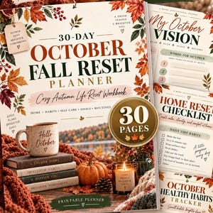 May include: A 30-day October fall reset planner workbook featuring autumn leaf illustrations, a mug labeled Hello October, stacked books, a pumpkin, and a candle. The cover includes text such as 30-Day October Fall Reset Planner and 30 Pages.