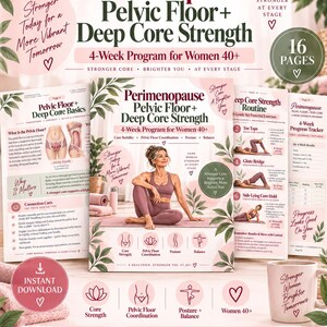 Può includere: Una guida digitale di 16 pagine intitolata Perimenopause Pelvic Floor + Deep Core Strength, un programma di 4 settimane per donne over 40. La copertina mostra una persona in abbigliamento sportivo color malva, esercizi e testo informativo.