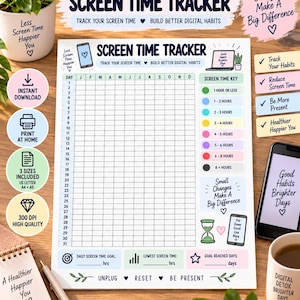 Peut inclure: Une feuille imprimable de suivi du temps d'écran avec une grille mensuelle, une légende codée par couleur pour les heures quotidiennes et des sections d'objectifs. Le document contient le texte Screen Time Tracker et Unplug Reset Be Present.