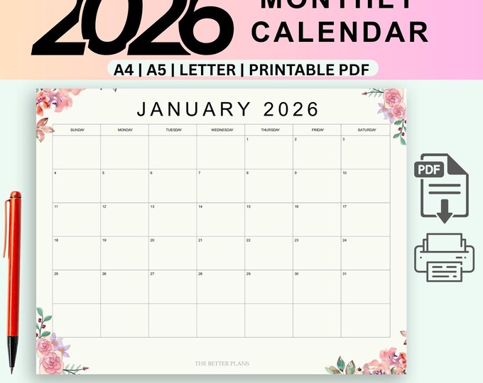 2026 Monatskalender zum Ausdrucken | Minimalistischer Kalender (PDF