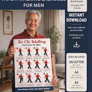 Puede incluir: Un hombre sostiene un póster titulado "Tai Chi Walking Exercises for Men". El póster muestra 12 ejercicios ilustrados. Texto adicional: "Descarga instantánea" y tamaños: US Letter, A4 (210 x 297 mm) y A5.