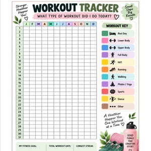 Op de afbeelding: Een workout tracker werkblad met een raster voor maanden en dagen, een kleurgecodeerde workout-sleutel en motiverende teksten zoals Stronger Healthier Happier You, Small Steps Big Results en Good Things Take Consistent Effort.