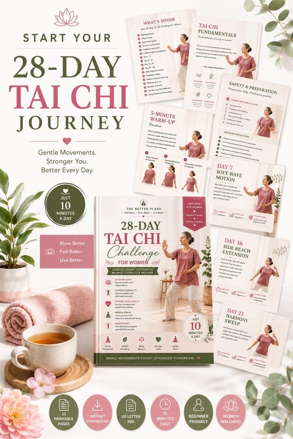 28 Day Tai Chi Challenge for Women ,Exercise Workbook for Seniors, Printable PDF, Gentle Movement and Progress Tracker