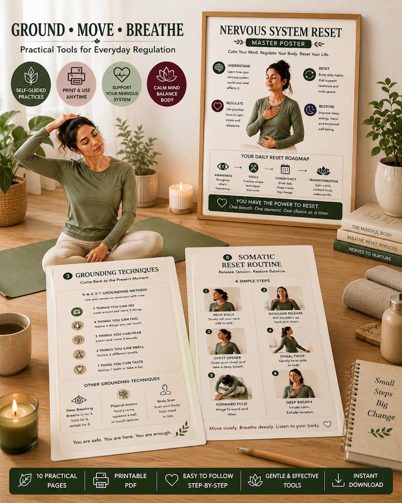 Nervous System Reset Printable Toolkit, Somatic Exercises, Stress Relief Guide (10 Page PDF) — original Etsy mockup 5