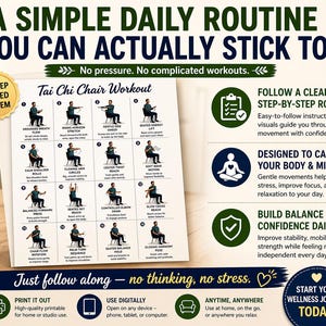 May include: A wellness guide with the text "A Simple Daily Routine You Can Actually Stick To." The guide features a 16-step Tai Chi Chair Workout with illustrations and instructions. It promotes a clear routine, calm mind, and daily balance.