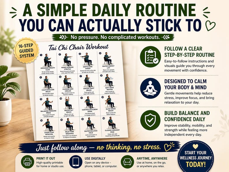 May include: A wellness guide with the text "A Simple Daily Routine You Can Actually Stick To." The guide features a 16-step Tai Chi Chair Workout with illustrations and instructions. It promotes a clear routine, calm mind, and daily balance.