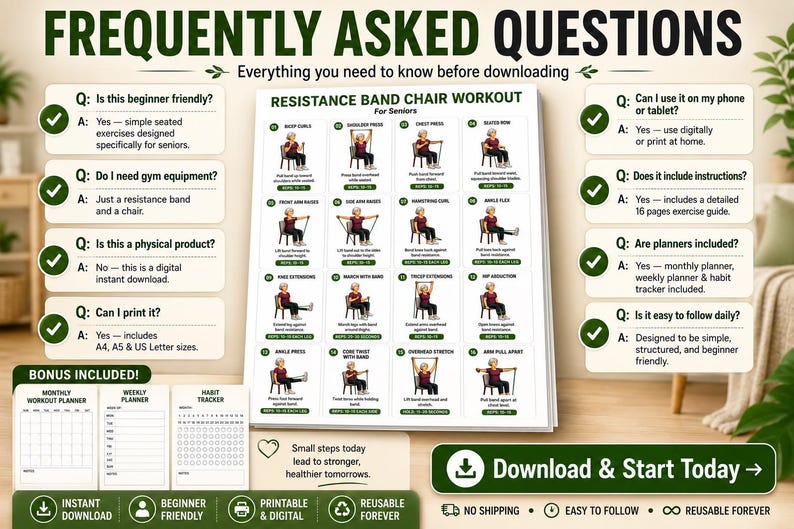 Senior Resistance Band Exercise Chart |Senior Workout Routine Printable | Resistance Band Exercises for Seniors | Fitness Poster PDF — original Etsy mockup 7
