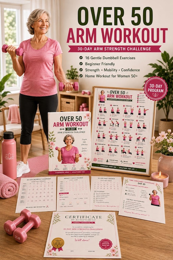Over 50 Arm Workout Poster + 10 pages Guide | 16 Gentle Dumbbell Exercises for Women | Senior Strength & Arm Toning Printable