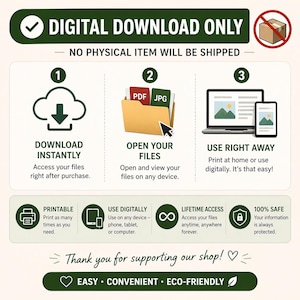 May include: Digital download graphic with instructions. The image shows a cloud with a downward arrow, a folder with PDF and JPG files, and a laptop and tablet. Text includes "Download Instantly", "Open Your Files", and "Use Right Away".