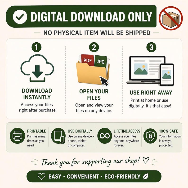 May include: Digital download graphic with instructions. The image shows a cloud with a downward arrow, a folder with PDF and JPG files, and a laptop and tablet. Text includes "Download Instantly", "Open Your Files", and "Use Right Away".