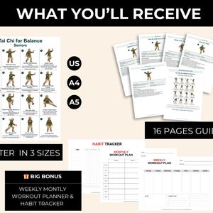 Puede incluir: Imagen que muestra una gu&iacute;a de Tai Chi para el equilibrio para personas mayores. Incluye un p&oacute;ster en tres tama&ntilde;os, una gu&iacute;a de 16 p&aacute;ginas y planificadores de entrenamiento y rastreadores de h&aacute;bitos semanales/mensuales. El p&oacute;ster muestra posturas de Tai Chi.