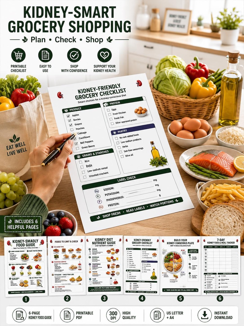 Kidney-Friendly Food Guide, Grocery Checklist, Meal Planner (PDF) — original Etsy mockup 6
