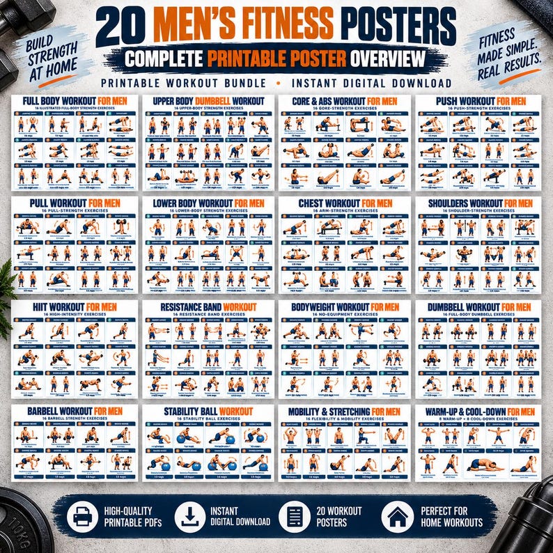 Men's Home Workout Printable Bundle, 20 Strength Posters + 8 Fitness Logs, Push Pull Legs Dumbbell Calisthenics PDF — original Etsy mockup 6