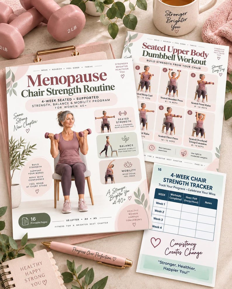 Menopause Chair Strength Routine, 4-Week Seated Workout for Women 40+, Balance & Mobility Printable — original Etsy mockup 4