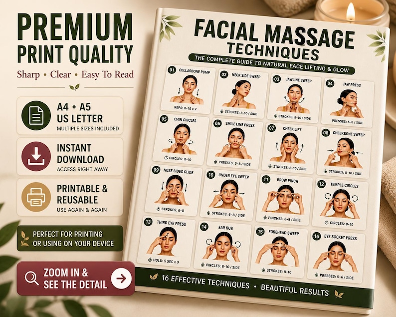 Facial Massage Techniques Printable | Lymphatic Drainage & Face Yoga Guide — original Etsy mockup 5