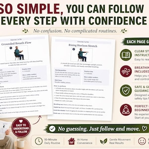 May include: A woman reading a guide with the text "SO SIMPLE, YOU CAN FOLLOW EVERY STEP WITH CONFIDENCE". The guide includes instructions for "Grounded Breath Flow" and "Rising Horizon Stretch" exercises. The guide promises clear instructions, breathing guidance, and safe tips.