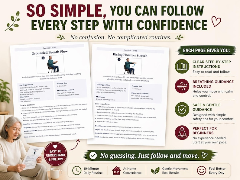 May include: A woman reading a guide with the text "SO SIMPLE, YOU CAN FOLLOW EVERY STEP WITH CONFIDENCE". The guide includes instructions for "Grounded Breath Flow" and "Rising Horizon Stretch" exercises. The guide promises clear instructions, breathing guidance, and safe tips.