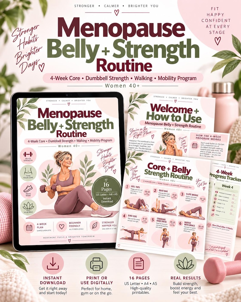 Women 40+ Strength Workout Plan, Menopause Core & Dumbbell Routine, 4-Week Walking Fitness Printable — original Etsy mockup 7