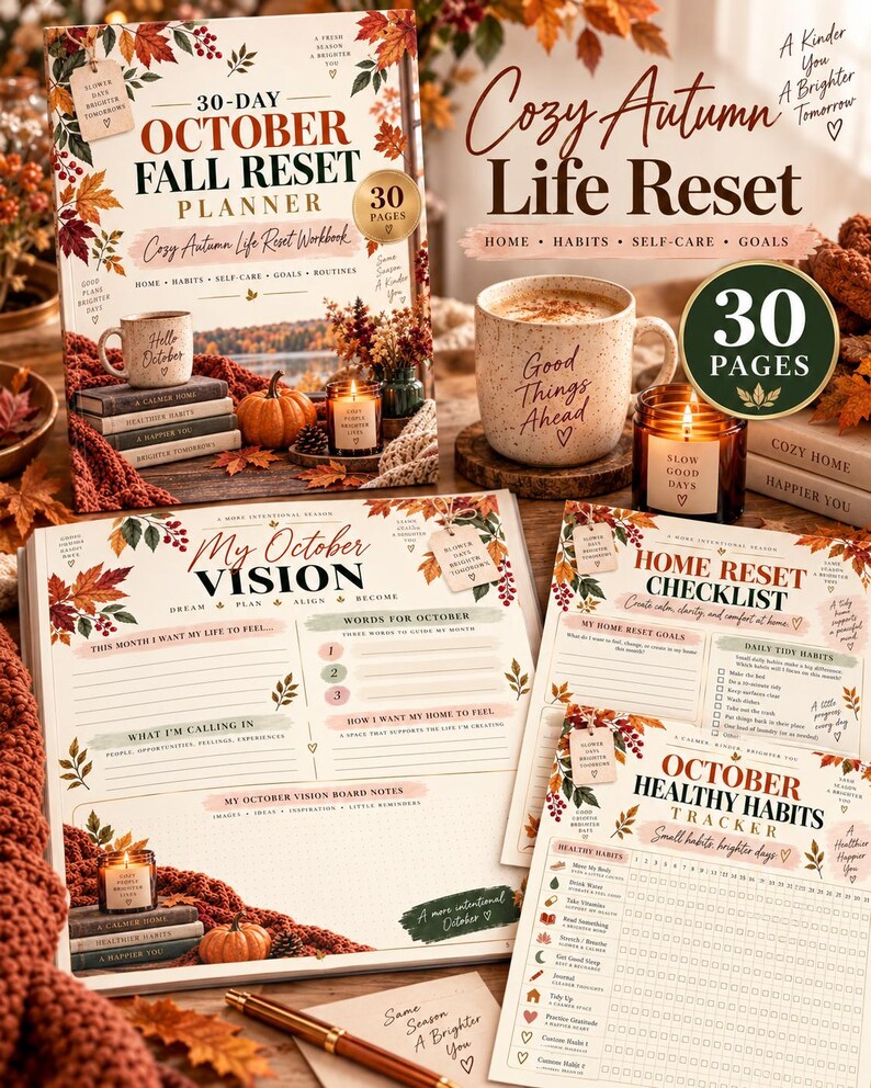 Autumn Reset Workbook Printable, 30 Page October Planner, Fall Home Organization Self Care Habit Tracker Goal Setting PDF — original Etsy mockup 5