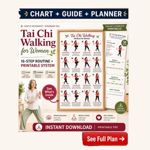Puede incluir: Un gráfico y guía en PDF imprimible para Tai Chi Walking para mujeres. El póster presenta una rutina de 16 pasos con ilustraciones, una guía breve, planes de entrenamiento semanales y mensuales, y un rastreador de hábitos.