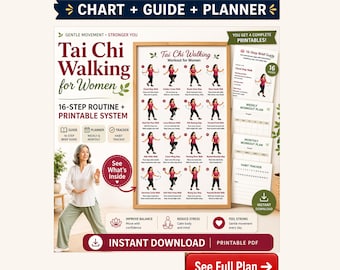 Utskrivbart Tai Chi-träningsschema för kvinnor, balansövningar för seniorer (digital nedladdning)