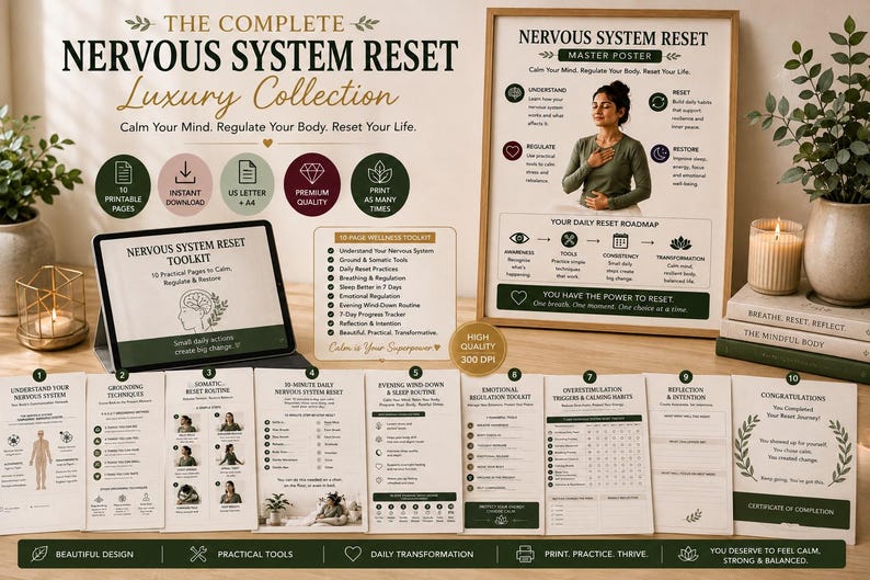 Nervous System Reset Printable Toolkit, Somatic Exercises, Stress Relief Guide (10 Page PDF) — original Etsy mockup 9