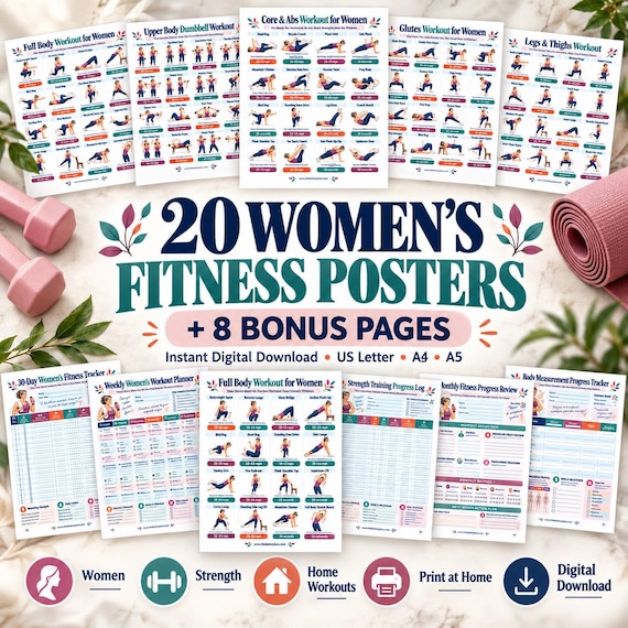 Women’s Fitness Bundle, 20 Printable Workout Posters + 8 Bonus Trackers, Dumbbell Core Glutes Resistance Band Pilates PDF