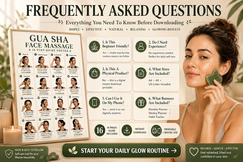 Gua Sha Face Massage Chart Printable, Facial Lymphatic Drainage Routine Poster, Skincare Self Massage Jawline Guide For Women, Gua Sha — original Etsy mockup 5