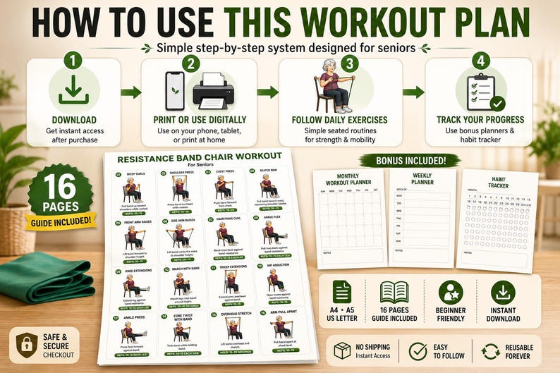 Senior Resistance Band Exercise Chart |Senior Workout Routine Printable | Resistance Band Exercises for Seniors | Fitness Poster PDF — original Etsy mockup 6