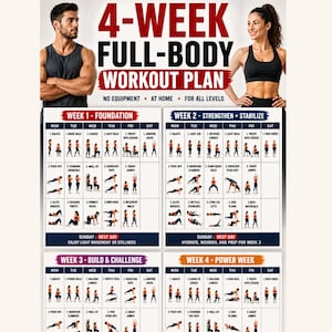 May include: A 4-week full-body workout plan graphic with text and illustrations. The plan is divided into four weeks, each focusing on different exercises. The text includes "No Equipment," "At Home," and "For All Levels."