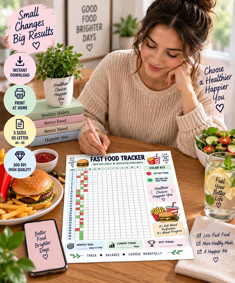 Fast Food Tracker Printable, Healthy Eating Habit Tracker, Food Journal, Monthly Meal Tracker, Wellness Planner, Digital Download PDF — original Etsy mockup 7