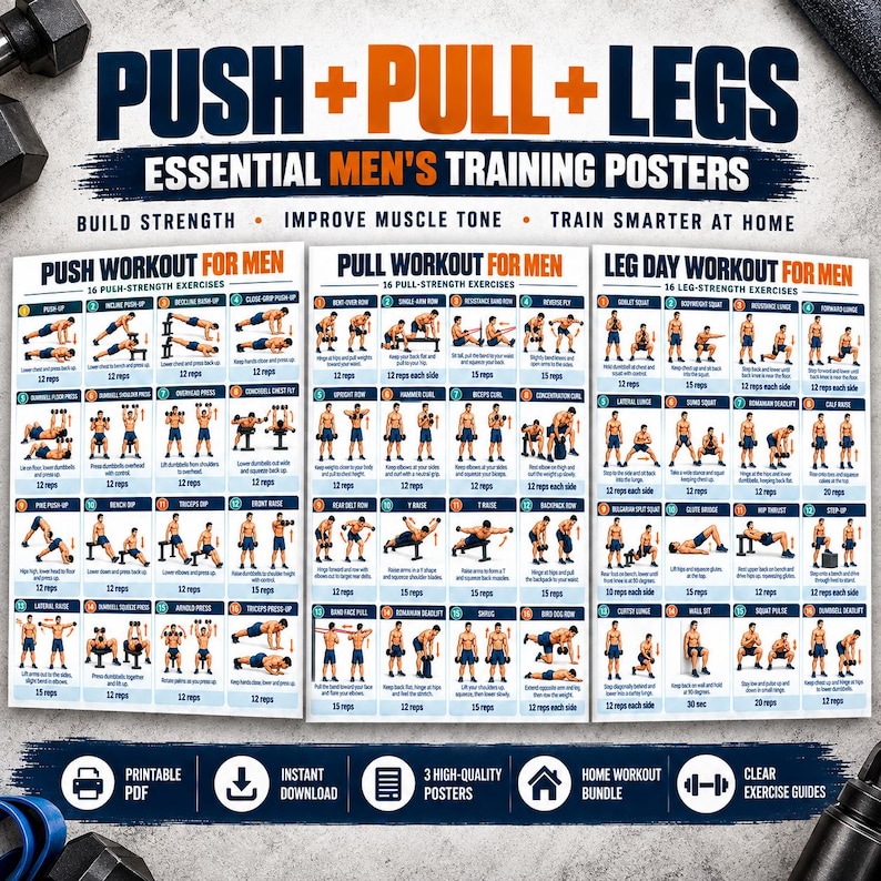 Men's Home Workout Printable Bundle, 20 Strength Posters + 8 Fitness Logs, Push Pull Legs Dumbbell Calisthenics PDF — original Etsy mockup 5