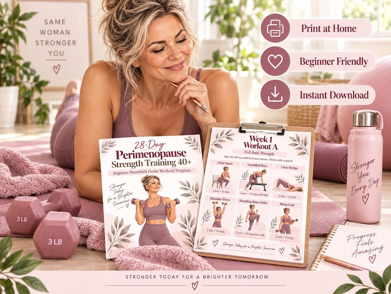 Perimenopause Strength Training Plan for Women 40+ | 28-Day Beginner Dumbbell Home Workout Printable PDF — original Etsy mockup 3