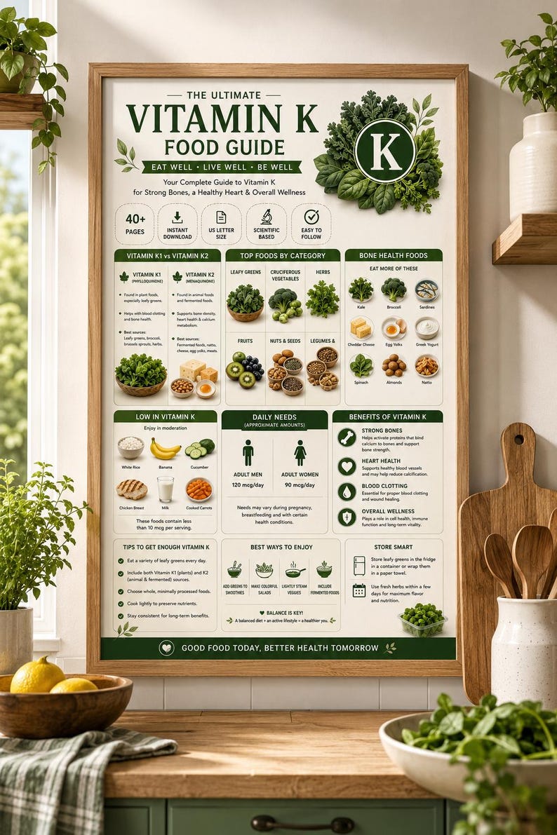 Vitamin K Food Chart & Nutrition Guide | Bone Health, K1 vs K2 (PDF) — original Etsy mockup 4