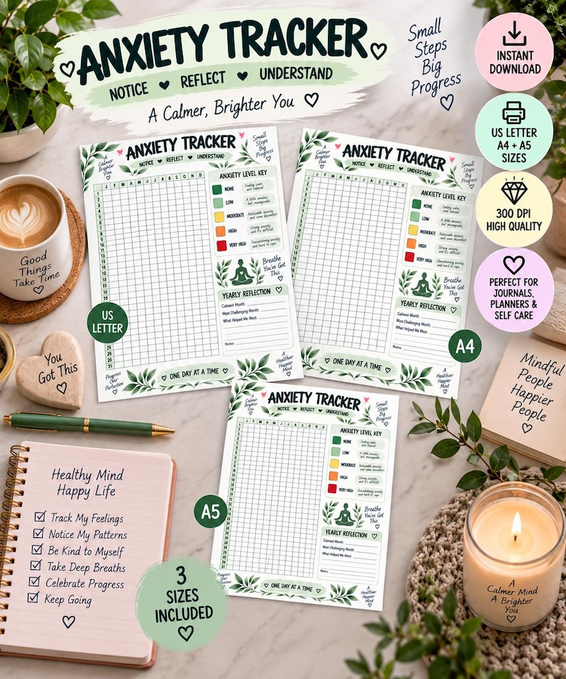 Anxiety Tracker Printable, Yearly Anxiety Log, Daily Mental Wellness Tracker, Self Care Journal, Mood & Stress Tracker, Planner Insert PDF — original Etsy mockup 4