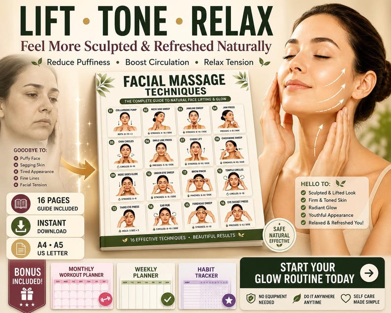 Facial Massage Techniques Printable | Lymphatic Drainage & Face Yoga Guide — original Etsy mockup 2