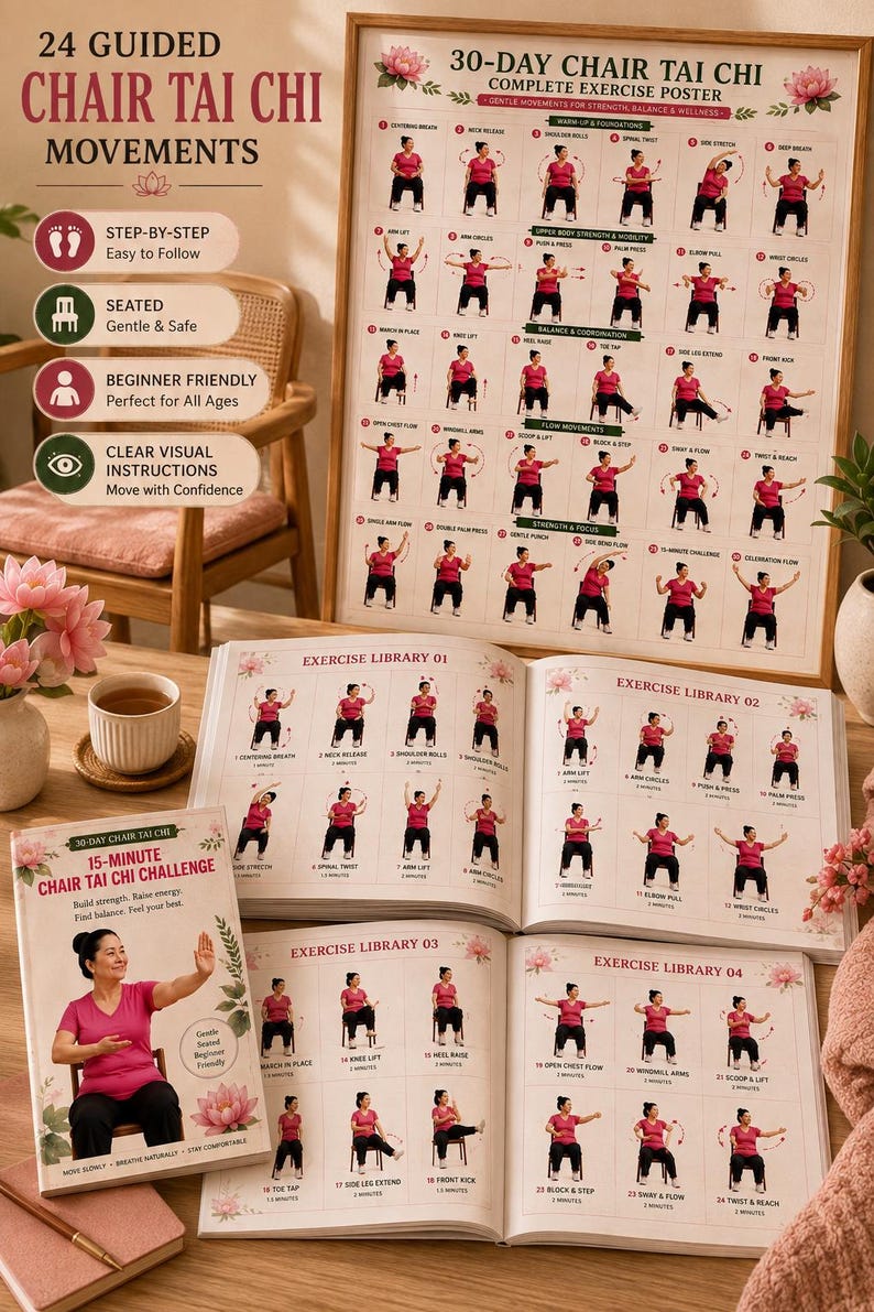 Tai Chi Chair Workout Weight Loss | 30 Day Chair Exercise Plan, Senior Wellness Printable 10 Pages Guide — original Etsy mockup 5