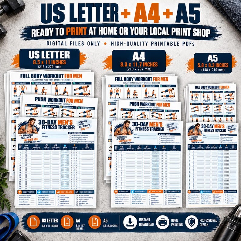 Men's Home Workout Printable Bundle, 20 Strength Posters + 8 Fitness Logs, Push Pull Legs Dumbbell Calisthenics PDF — original Etsy mockup 10