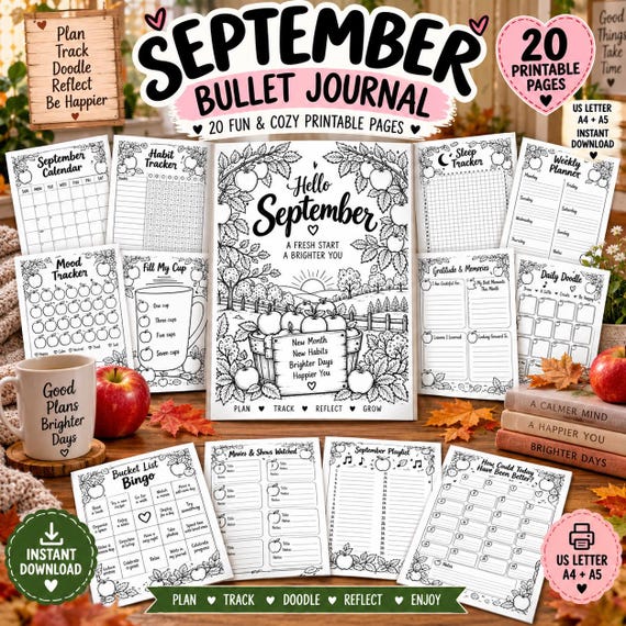 September Bullet Journal Printable, Fall Planner Bundle, Mood Habit Sleep Tracker, September Calendar, Self Care Journal PDF - BuJo
