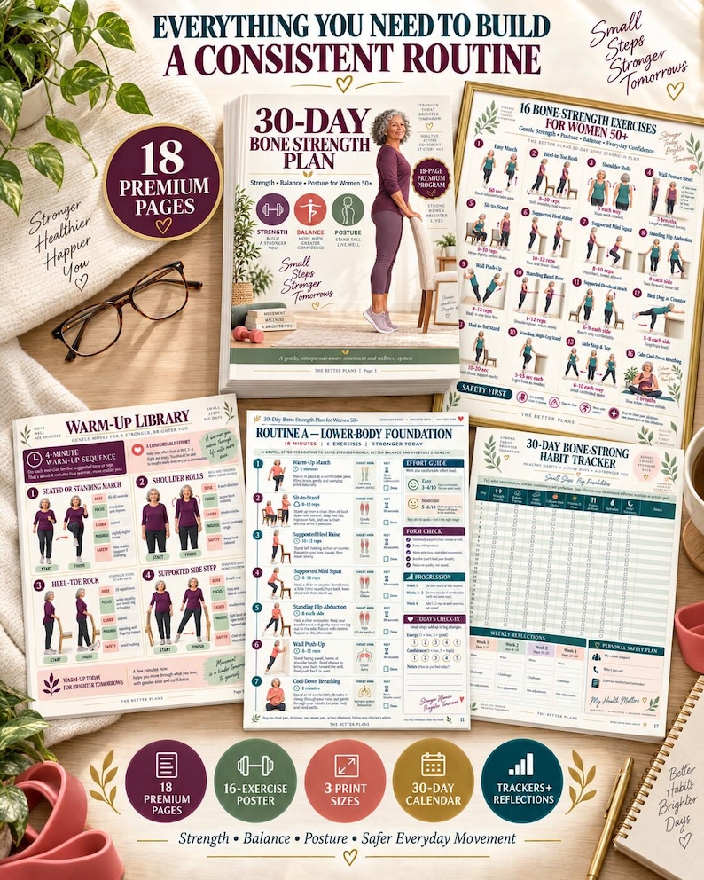 30-Day Bone Health Planner Printable, Strength and Balance Exercise Calendar, Women 50+ Home Workout Tracker, 3-Size PDF Bundle — original Etsy mockup 5