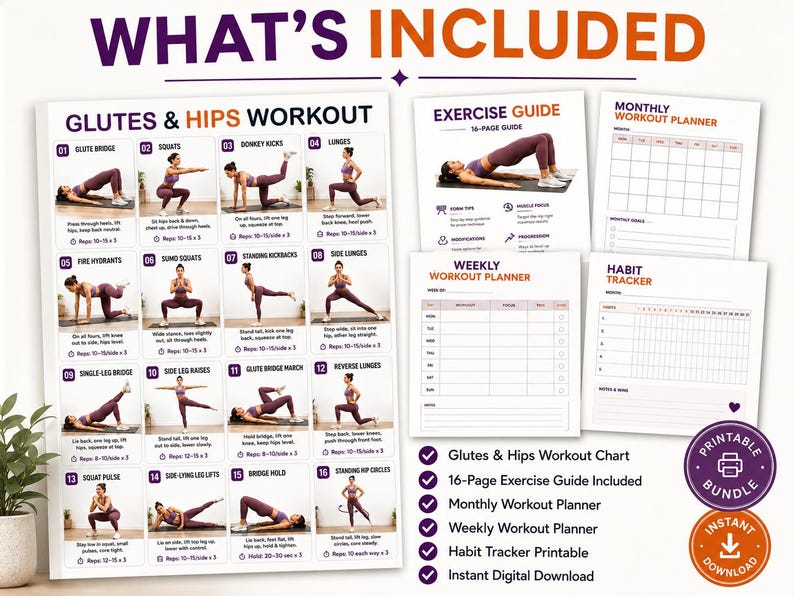 Glutes & Hips Workout Bundle Printable | Lower-Body Exercise Chart Tracker — original Etsy mockup 3