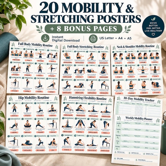 Mobility & Stretching Bundle Printable, 20 Exercise Posters + 8 Trackers, Full Body Flexibility Warm Up Cool Down PDF printable preview