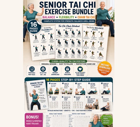 Senior Tai Chi Exercise Bundle, Balance, Flexibility, Chair Workout (PDF)