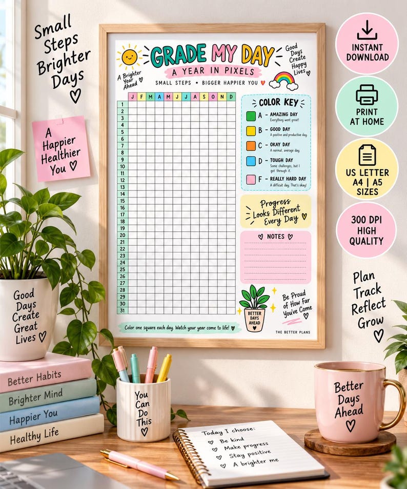 Daily Rating Tracker Printable, Grade Your Day Journal, Yearly Pixel Tracker, Habit & Mood Log, Self Care Planner, A4 A5 Letter PDF — original Etsy mockup 7