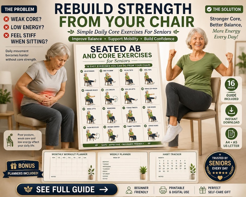 Chair Workout Printable PDF | Seated Ab Core Exercises for Seniors (Digital Download) — original Etsy mockup 3
