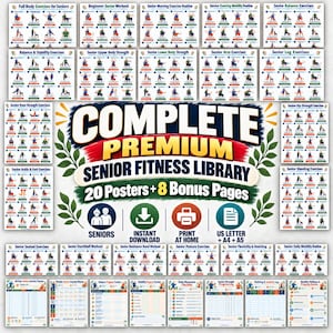 May include: A digital collection of 20 exercise posters and 8 bonus pages titled Complete Premium Senior Fitness Library. The set includes various workout routines, strength training, and tracking charts with illustrations of seniors exercising.