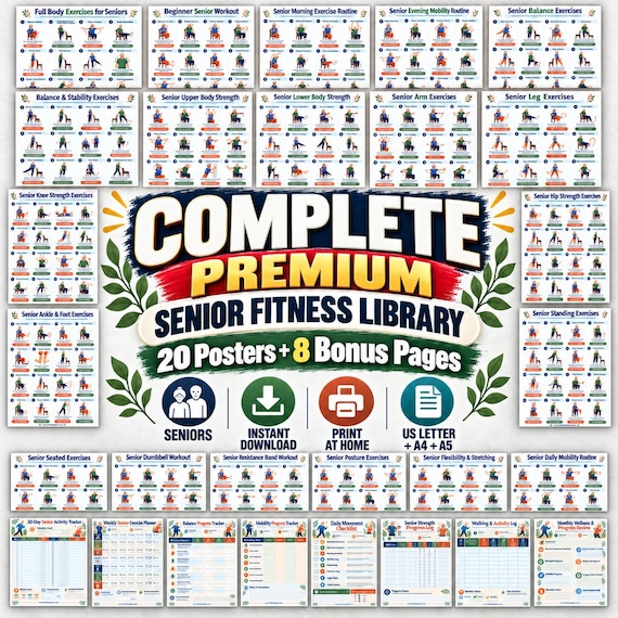 Senior Fitness Bundle for 60+, 20 Exercise Posters + 8 Bonus Trackers, Balance Strength Mobility Printable PDF