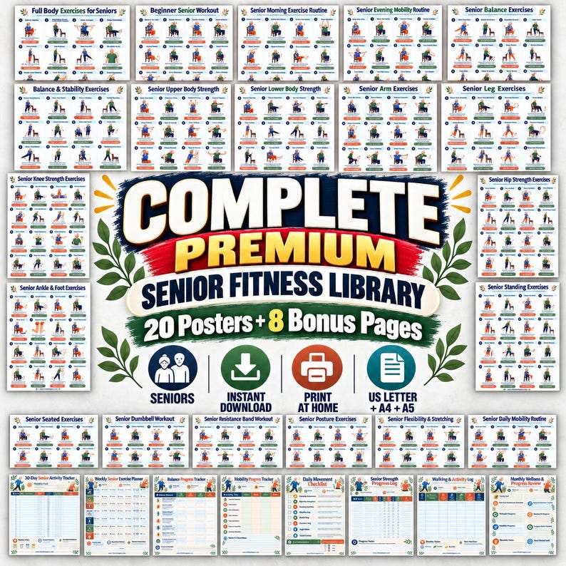 Exercise Posters for Seniors, 20 Low Impact Workout Charts + 8 Planners, Seated Standing Strength Balance PDF — original Etsy mockup 2