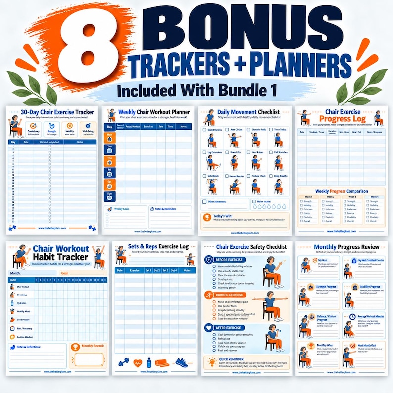 Chair Exercise Bundle for Seniors, 20 Seated Workout Posters + 8 Printable Trackers — original Etsy mockup 4